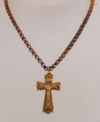 Yellow gold antique necklace with cross, 585/000.