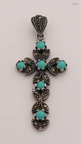 Silver cross, 835/000, decorated with turquoise and