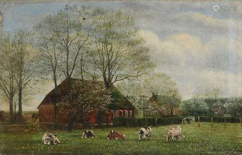 FH van Loon. Circa 1900. Dutch farm with cows. Oil on