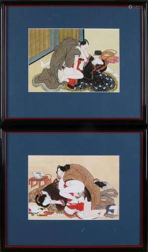 Two old Japanese Kamasutra woodcuts. 20th century.