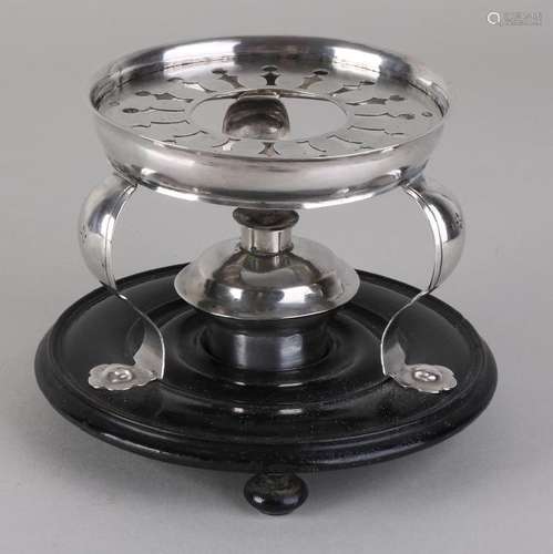 Silver stove with burner, 833/000, on wooden base.