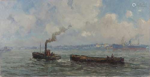 G. Wiegman. 1875 - 1964. Tugboat with barge in port of