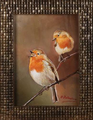 S. Pollentine. 21st century. Songbirds on branch. Oil