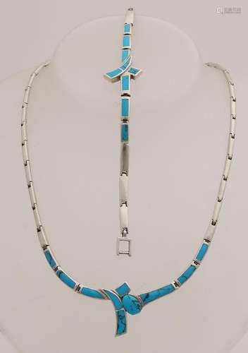 Silver choker and bracelet, 925/000, with turquoise.