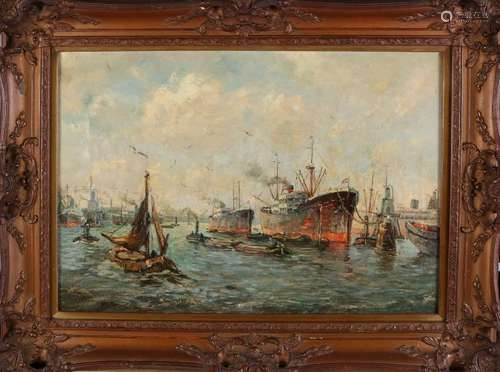 L. Landré. Circa 1930. Rotterdam harbor view. Oil on