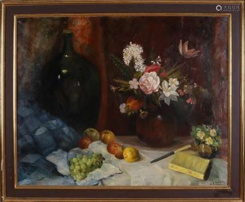 Unclear signed. Circa 1930. Still life with fruit,