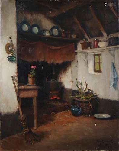 AJ Black. 1903 - 1981. Farm interior with fireplace.