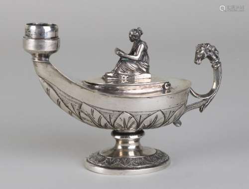 Silver oil lamp, BWG, in the shape of a lantern on an