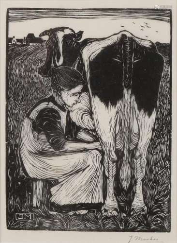 Jan Mankes. 1889 - 1920. Milking peasant woman. Woodcut