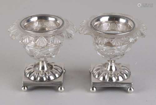 Two rare crystal spice trays on silver base, 833/000.