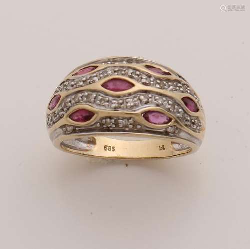 Wide yellow gold ring, 585/000, with ruby and diamond.