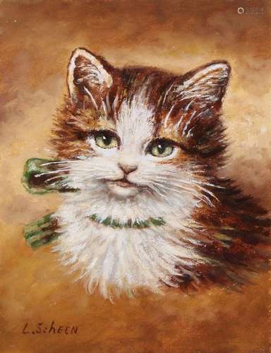 Leo Scheen. Cat. Oil paint on panel. Dimensions: 13 x