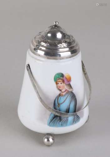 Porcelain sulfur stick holder with silver lid, handle