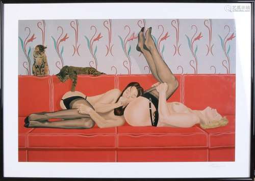 Signed Pin Up lithograph. Two ladies with stockings and