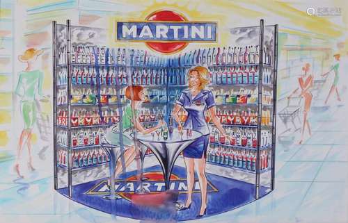 Old Martini watercolor advertising design. Circa 1970.