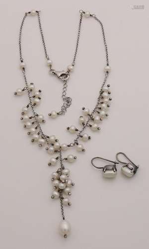 Necklace and earrings with pearls, silver Y-necklace