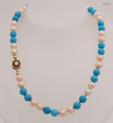 Necklace with freshwater pearls, ø 8mm, and turquoise