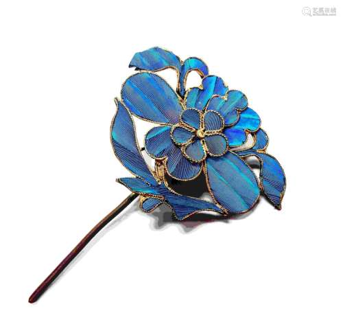 QING DYNASTY STERLING SILVER BLUE PATTERNED HAIRPIN