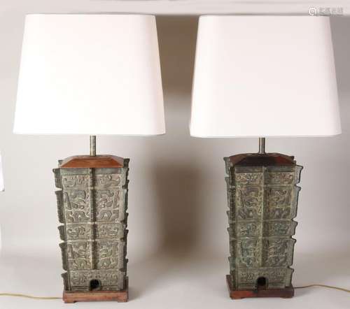 Two large, heavy bronze table lamp bases with walnut.