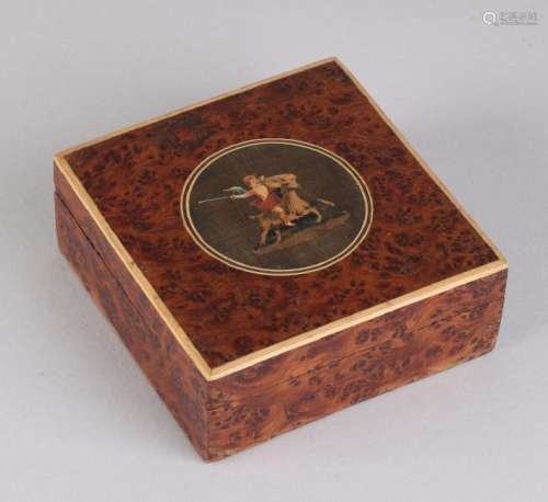 Antique box with Vogelaugen furnier and putti on goat.