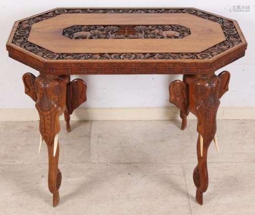 Old Indonesian wood-carved elephant table with bone