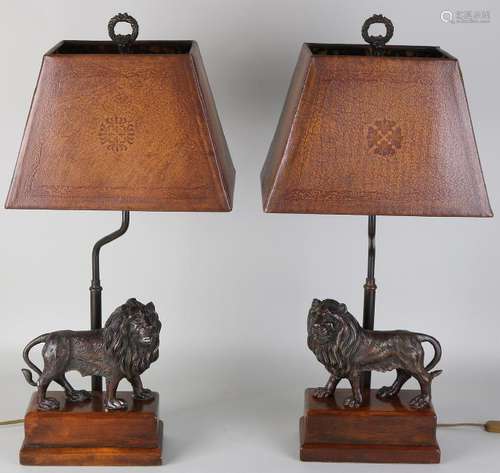 Two decorative table lamps with bronze lions. Second