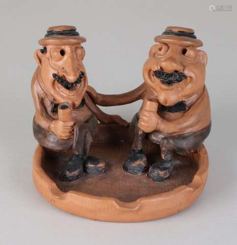 Old / antique terracotta caricature ashtray with two