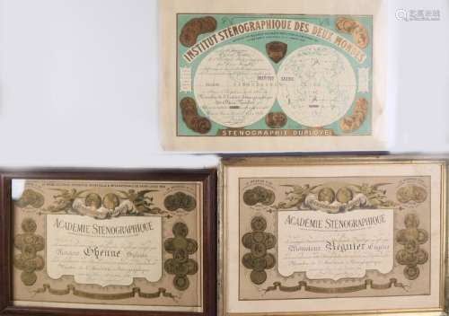 Three antique stenography certificates. Signed by