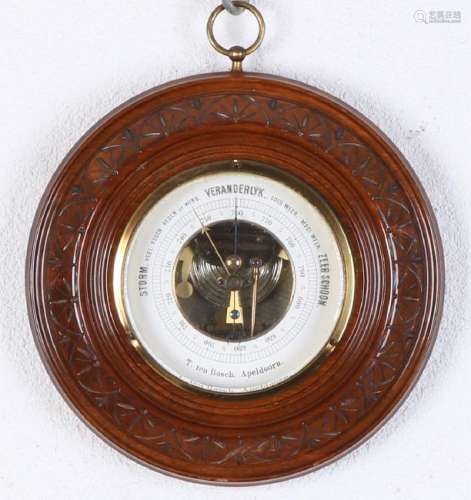 Antique Dutch mahogany woodcut barometer. Around 1920.