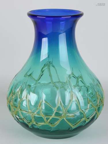 Large modern mouth-blown glass vase green / blue. With