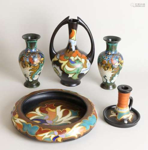 Five times antique plateel. Consisting of: Jugendstil