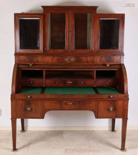 Mahogany Empire cylinder secretaire with glass upstand.