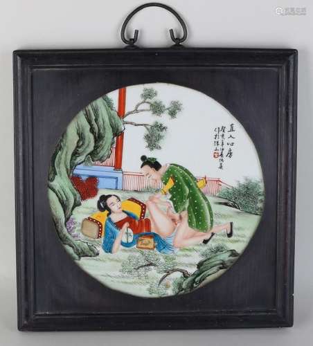 Old chinese porcelain erotic plaque in wooden frame