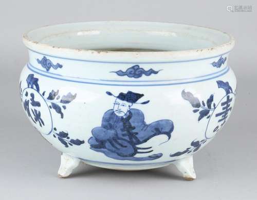 Old large Chinese porcelain incense pot on three legs