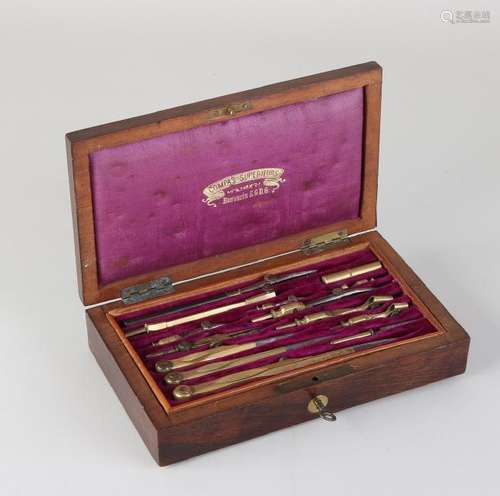 Antique French brass compass set in rosewood box.