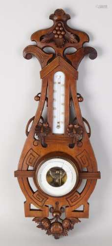Antique walnut Jugendstil barometer with carving. Circa