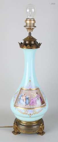 19th century French opaline lamp base. Handpainted and