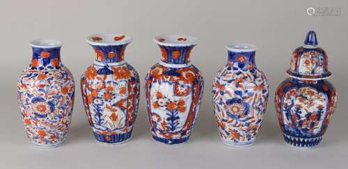 Five antique Imari porcelain vases. Two times set + one