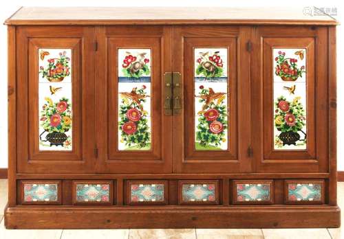 Sideboard. Side panels with Jugendstil tiles. Solid elm