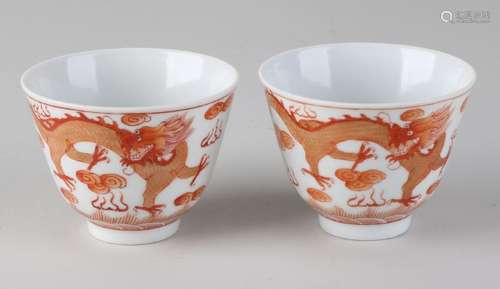 Two ancient Chinese porcelain cups with dragons and