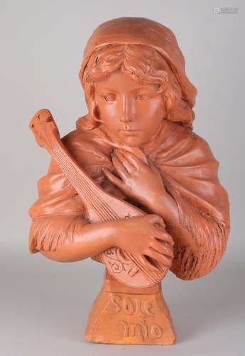 Antique terracotta bust. Sole Mio. Girl with mandolin.