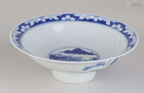 Chinese porcelain flat bowl on high feet. With figures