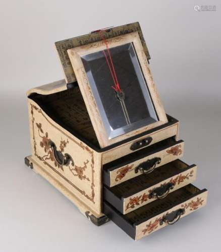 Tibetan painted jewelry box with drawers, hinged lid,