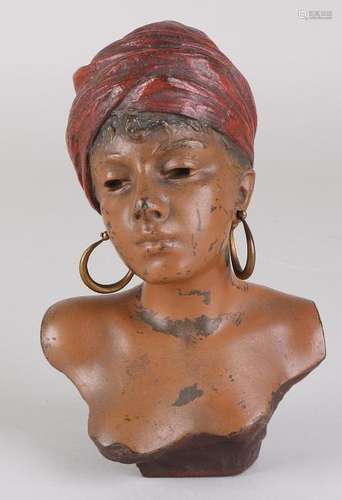 Antique Viennese painted bronze bust. Oriental woman