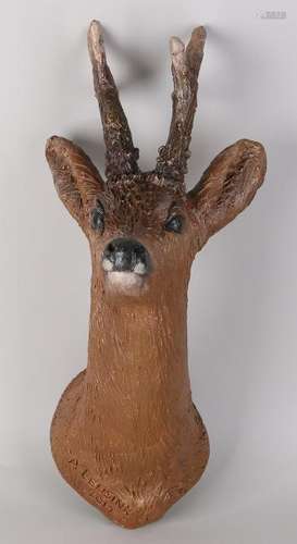 Large terracotta roebuck bust. By A. Leusink 2017.