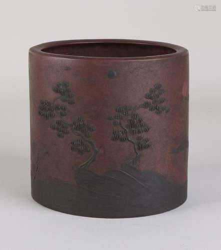 Old Chinese Yixing porcelain brush pot with landscape