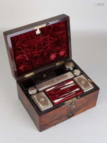 19th century rosewood wooden travel box with many
