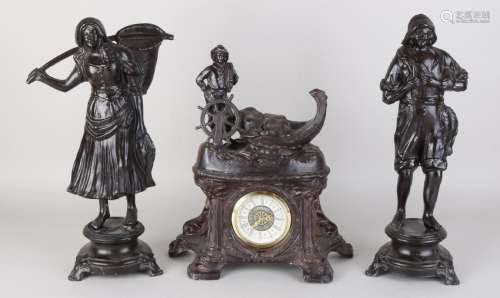 Old composition metal art nouveau style clock set with