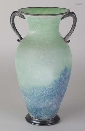 Old matted Italian Murano glass vase with metal base.