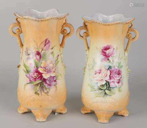 Two antique Jugendstil ceramic vases with rose decor.